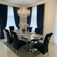 Arianna 150cm Black Marble Dining Table With Sofia Lion Knocker Plush Velvet Dining Chairs