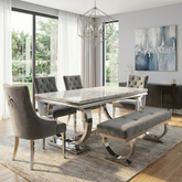 Arianna 150cm + 180cm + 200cm Grey Marble Dining Table with Belle Grey Velvet Dining Chairs and 130cm +180cm Grey Matching Bench