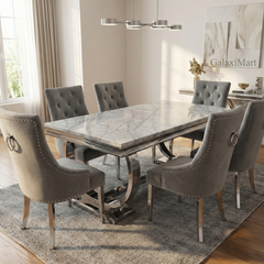 Arianna 150cm + 180cm + 200cm Grey Marble Dining Table with Belle Grey Velvet Dining Chairs and 130cm +180cm Grey Matching Bench