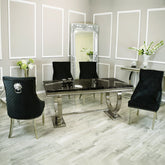 Arianna 200cm Black Marble Dining Table with Majestic Black Lion Knocker Plush Velvet Dining Chairs