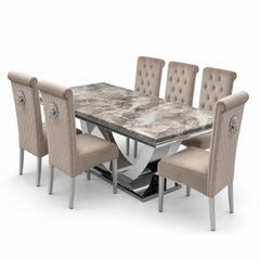 Ariel Beige Marble Dining Table Set | Sofia Mink Velvet Lion Knocker Chairs | 4 to 10 Seater | 3 Size Options