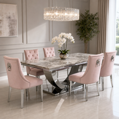 Ariel Beige Marble Dining Table Set | Majestic Pink Velvet Lion Knocker Chairs | 4 to 10 Seater | 3 Size Options
