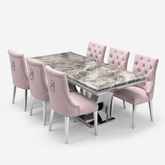 Ariel Beige Marble Dining Table Set | Majestic Pink Velvet Lion Knocker Chairs | 4 to 10 Seater | 3 Size Options