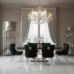 Ariel 150cm / 180cm / 200cm Black Marble Dining Table with Valentino Tufted Lion Knocker Black Velvet Dining Chairs