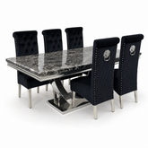Ariel Black Marble Dining Table Set | Sofia Black Velvet Lion Knocker Chairs | 4 to 10 Seater | 3 Size Options