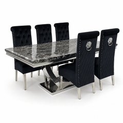 Ariel Black Marble Dining Table Set | Sofia Black Velvet Lion Knocker Chairs | 4 to 10 Seater | 3 Size Options