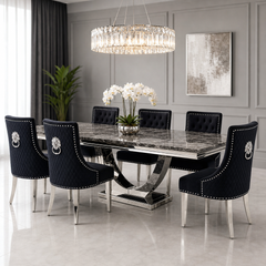 Ariel Black Marble Dining Table Set | Majestic Black Velvet Lion Knocker Chairs | 4 to 10 Seater | 3 Size Options