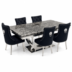 Ariel Black Marble Dining Table Set | Majestic Black Velvet Lion Knocker Chairs | 4 to 10 Seater | 3 Size Options