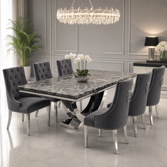 Ariel Black Marble Dining Table Set | Majestic Dark Grey Velvet Lion Knocker Chairs | 4 to 10 Seater | 3 Size Options