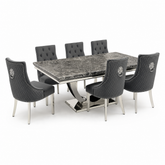 Ariel Black Marble Dining Table Set | Majestic Dark Grey Velvet Lion Knocker Chairs | 4 to 10 Seater | 3 Size Options