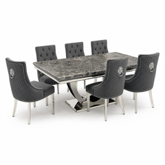 Ariel Black Marble Dining Table Set | Majestic Dark Grey Velvet Lion Knocker Chairs | 4 to 10 Seater | 3 Size Options