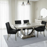 Arial Marble & Chrome Dining Table With Lion Knocker Velvet Chairs