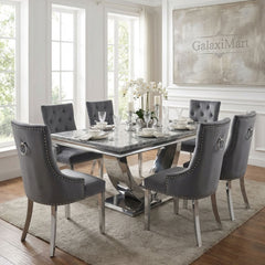 Ariel Grey Marble Dining Table with Valencia Ring Knocker PU Leather Dining Chairs