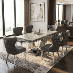 Ariel Grey Marble Dining Table with Valentino PU Leather Dark Grey Dining Chairs
