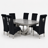 Ariel Grey Marble Dining Table Set | Sofia Black Velvet Lion Knocker Chairs | 4 to 10 Seater | 3 Size Options
