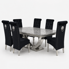 Ariel Grey Marble Dining Table Set | Sofia Black Velvet Lion Knocker Chairs | 4 to 10 Seater | 3 Size Options