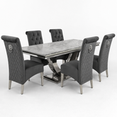 Ariel Grey Marble Dining Table Set | Sofia Dark Grey Velvet Lion Knocker Chairs | 4 to 10 Seater | 3 Size Options
