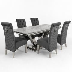 Ariel Grey Marble Dining Table Set | Sofia Dark Grey Velvet Lion Knocker Chairs | 4 to 10 Seater | 3 Size Options