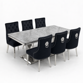 Ariel Grey Marble Dining Table Set | Majestic Black Velvet Lion Knocker Chairs | 4 to 10 Seater | 3 Size Options