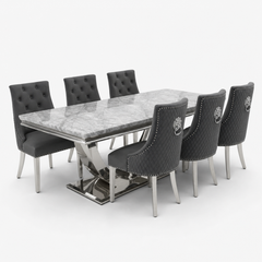 Ariel Grey Marble Dining Table Set | Majestic Dark Grey Velvet Lion Knocker Chairs | 4 to 10 Seater | 3 Size Options