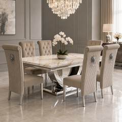 Ariel White & Gold Marble Dining Table Set | Sofia Mink Velvet Lion Knocker Chairs | 4 to 10 Seater | 3 Size Options