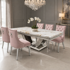 Ariel White & Gold Marble Dining Table Set | Majestic Pink Velvet Lion Knocker Chairs | 4 to 10 Seater | 3 Size Options