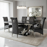 Ariel Luxury Marble Dining Table with High Back Velvet Lion Knocker Chairs | Chrome Legs | GalaxiMart
