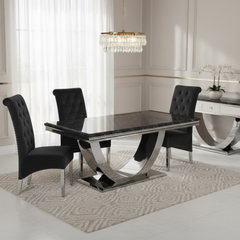 Arial 180cm Black Marble Dining Table with Lucy Black Lion Slim Knocker Plush Velvet Chairs
