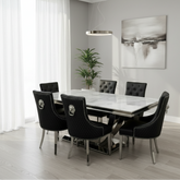 Ariel White Marble Dining Set with PU Leather Lion Knocker Chairs | Galaxy Mart