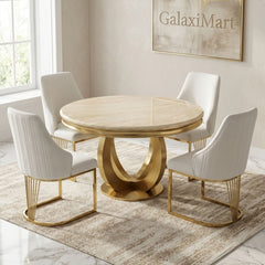 Chelsea 130cm Round Cream & Gold Marble Table + Lasco Cream Gold Chairs