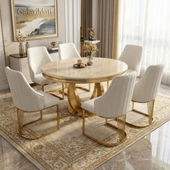 Chelsea 130cm Round Cream & Gold Marble Table + Lasco Cream Gold Chairs