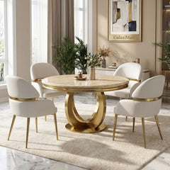 Chelsea 130cm Round Cream & Gold Marble Table + Madrid PU Cream Gold Chairs