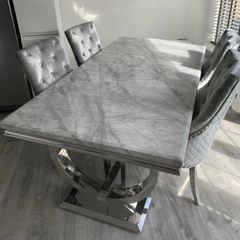 Arianna 200cm Grey Marble Dining Table with Majestic Silver Lion Knocker Velvet Dining Chairs