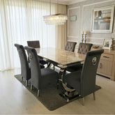Arianna 180cm Grey Marble Dining Table with Sofia Grey Lion Knocker Plush Velvet Dining Chairs