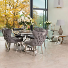 Arianna Marble Dining Table with Valentino Lion Knocker Velvet Dining Chairs