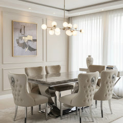 Arial Mixed Brown Marble Dining Table +London Button Back Lion Knocker Dining Chairs