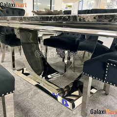 Ariel Black Marble Dining Table with Megan Lion Knocker Plain Back Velvet Dining Chairs