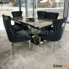 Ariel Black Marble Dining Table with Megan Lion Knocker Plain Back Velvet Dining Chairs