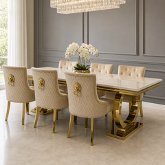 Ariana Cream & Gold Marble Dining Table Set | Majestic Mink Velvet Lion Knocker Chairs | 4 to 10 Seater | 3 Size Options