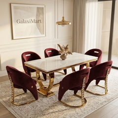 Arianna Cream Gold 200cm Marble Dining Set — Carpi Maroon Velvet Chairs