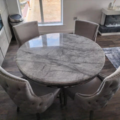 Chelsea 130cm Marble Round Dining Table + Blue Lion Knocker Chairs