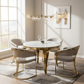 110cm Round Cream Marble Dining Table Set | 4 Gold Dining Chairs | Luxury 110cm Modern Dining Set UK | Premium White Marble Gold Base