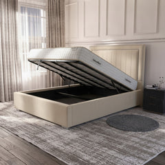 Cream Plain Ottoman Bed with Gas-Lift Storage