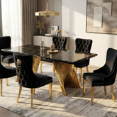 180cm Revello Black & Gold Marble Dining Table with Victoria Gold Lion Knocker Buttoned Back Velvet Chairs