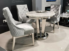 Bologna 130cm Grey Round Marble Dining Table With Set of Shimmer Grey Lion Knocker Velvet Dining Chairs
