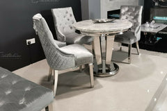 Bologna 130cm Grey Round Marble Dining Table With Set of Shimmer Grey Lion Knocker Velvet Dining Chairs