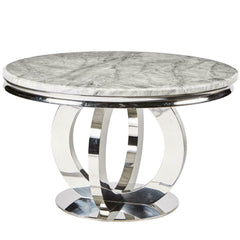 Bologna 130cm Grey Marble Round Dining Table with Set of Lewis Grey Lion Knocker Button Dining Chairs
