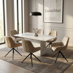 Carpi Beige Fabric Swivel Chairs White Marble 150cm Dining Set
