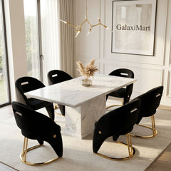 Carpi Black Velvet Chairs White Marble 150cm Dining Set