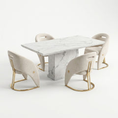 Carpi Cream Velvet Chairs White Marble 150cm Dining Set